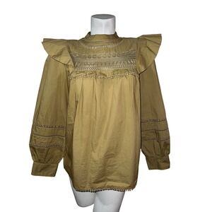 J. Crew Reimagined Khaki Tan Smocked Ruffle Neck Long Sleeve Blouse Shirt M